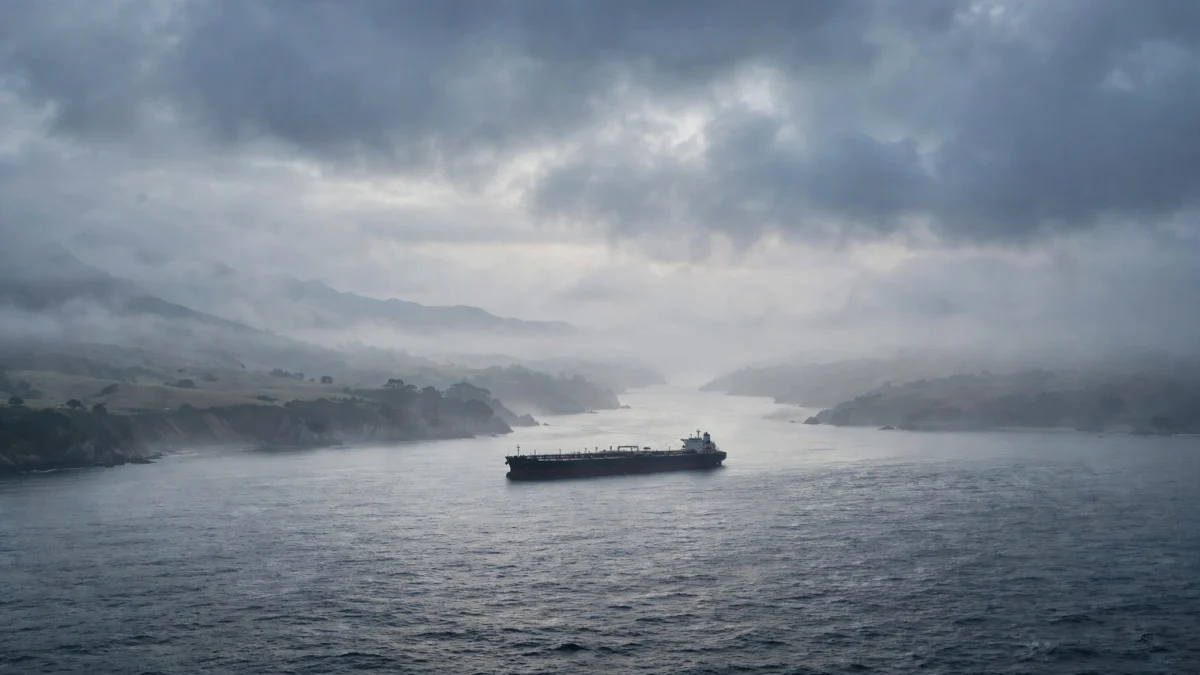 A lone oil supertanker crossing a misty strait at dawn as the US blockade cuts off Iranian oil exports.