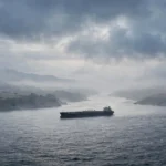A lone oil supertanker crossing a misty strait at dawn as the US blockade cuts off Iranian oil exports.