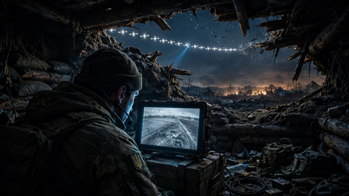 Ukrainian drone operator in a dugout at night watching a satellite train cross the sky above a war-torn horizon — editorial illustration of the Starshield throttling during the Ukraine war