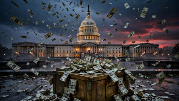 Dollar bills storming down over the US Capitol dome at dusk, piling onto a brass ballot box — editorial illustration for a column on Elon Musk's $366 million midterm spending.