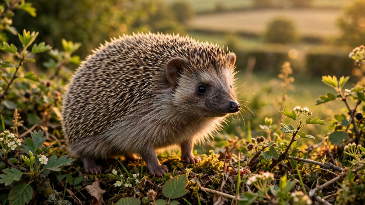 A European hedgehog in a lush British hedgerow at golden hour, the animal chosen to replace Winston Churchill on the Bank of England's £5 note