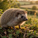 A European hedgehog in a lush British hedgerow at golden hour, the animal chosen to replace Winston Churchill on the Bank of England's £5 note