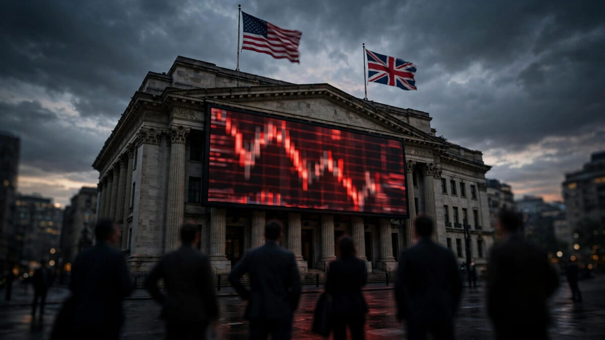 Stock exchange building at dusk with a large screen showing steep falling red chart lines, American and British flags flying