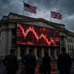 Stock exchange building at dusk with a large screen showing steep falling red chart lines, American and British flags flying