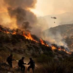 Firefighters battle the Bouquet Fire burning through chaparral hills near Santa Clarita, California, as a helicopter makes water drops