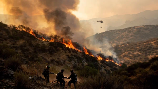 Firefighters battle the Bouquet Fire burning through chaparral hills near Santa Clarita, California, as a helicopter makes water drops