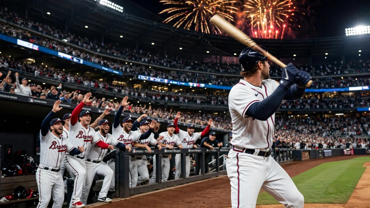 Atlanta Braves players celebrate in the dugout at a packed night-time Truist Park after winning the NL Wild Card Game 3 over the Philadelphia Phillies
