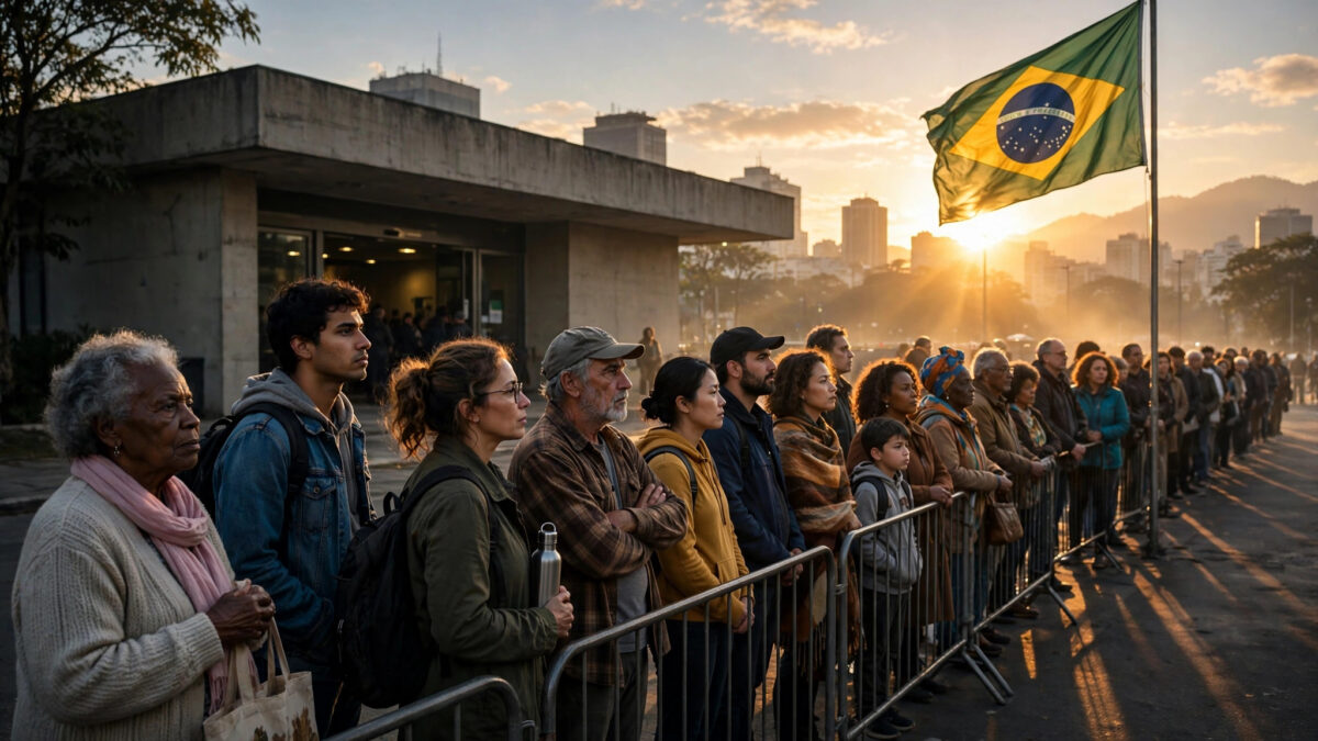 Voters queue at dawn outside a polling station in Rio de Janeiro as Brazil votes in its 2026 presidential election.