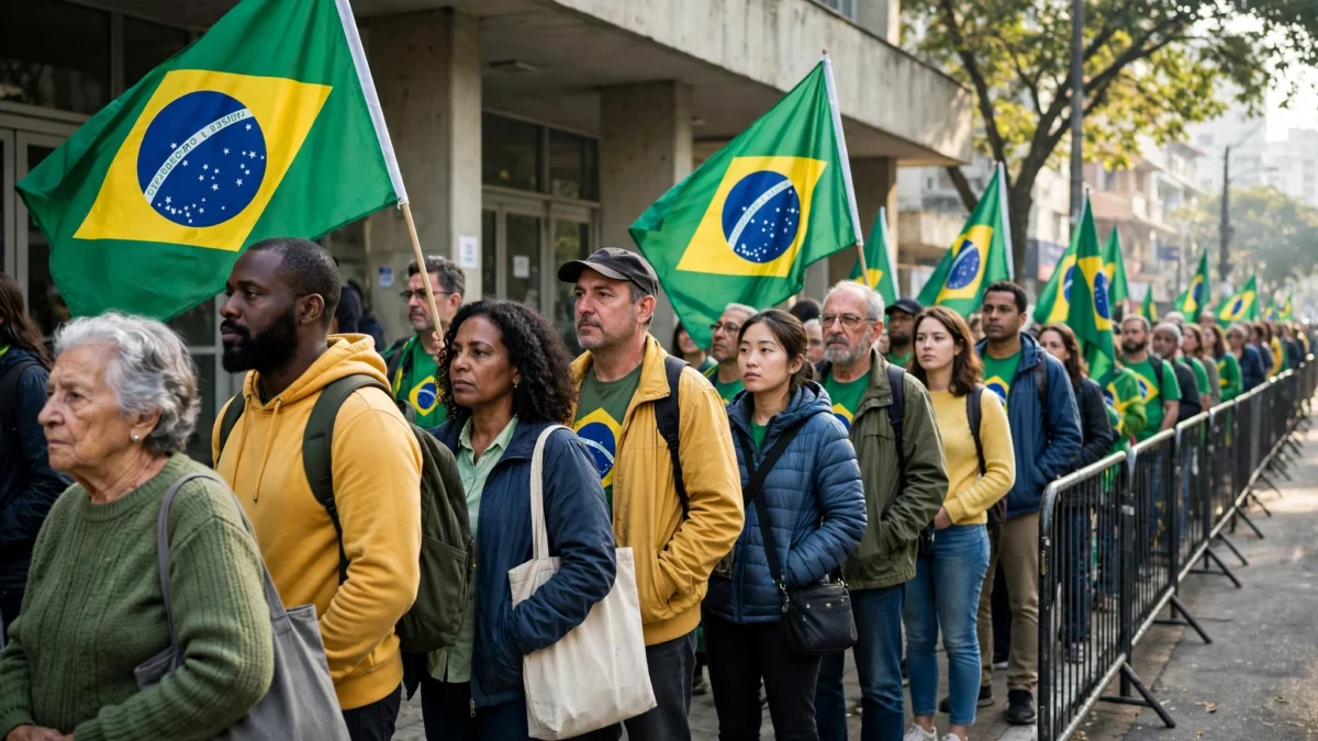 Brazilians queue with national flags outside a polling station on election day in Sao Paulo