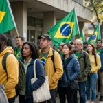 Brazilians queue with national flags outside a polling station on election day in Sao Paulo