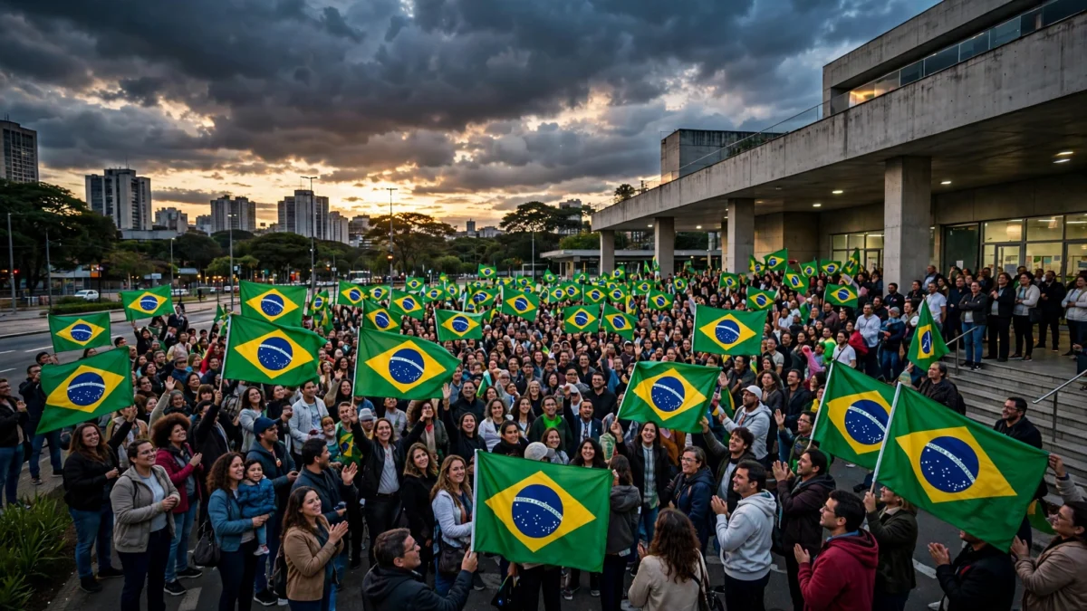 A crowd of Brazilian voters waving national flags outside a polling station in São Paulo at dusk on election day
