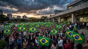 A crowd of Brazilian voters waving national flags outside a polling station in São Paulo at dusk on election day