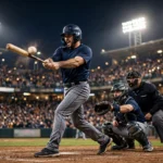 A batter swings at a pitch in a packed, floodlit stadium during a night-time baseball playoff game