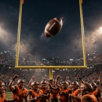 American football sailing through the goalposts under stadium floodlights as players in orange uniforms celebrate below, Cleveland Browns vs Pittsburgh Steelers Thursday Night Football