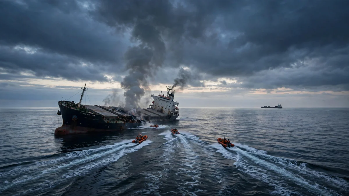 Aerial editorial photo of a smoking cargo ship in the Black Sea at dawn with orange rescue boats speeding toward it