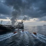 Aerial editorial photo of a smoking cargo ship in the Black Sea at dawn with orange rescue boats speeding toward it