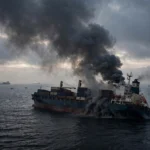 A damaged cargo ship emitting thick black smoke over the Black Sea at dawn, representing the drone strikes on two vessels off Bulgaria's coast