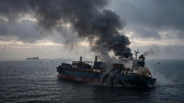 A damaged cargo ship emitting thick black smoke over the Black Sea at dawn, representing the drone strikes on two vessels off Bulgaria's coast