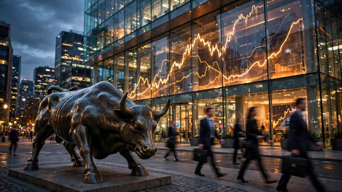 Bronze bull statue before a glass stock-exchange building at dusk, rising charts reflected in the facade