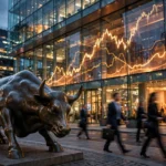 Bronze bull statue before a glass stock-exchange building at dusk, rising charts reflected in the facade