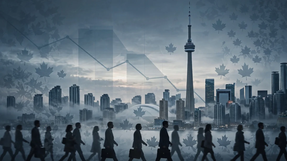 Photorealistic editorial illustration of a Canadian city skyline at dawn with the CN Tower, overlaid with an abstract downward-trending employment chart and silhouettes of commuters.