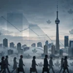Photorealistic editorial illustration of a Canadian city skyline at dawn with the CN Tower, overlaid with an abstract downward-trending employment chart and silhouettes of commuters.