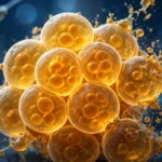 Glowing amber fat cells fragmenting and dissolving under microscope light with a syringe in the background, illustrating the experimental CBL-514 injection