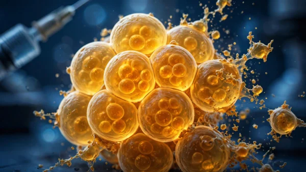 Glowing amber fat cells fragmenting and dissolving under microscope light with a syringe in the background, illustrating the experimental CBL-514 injection