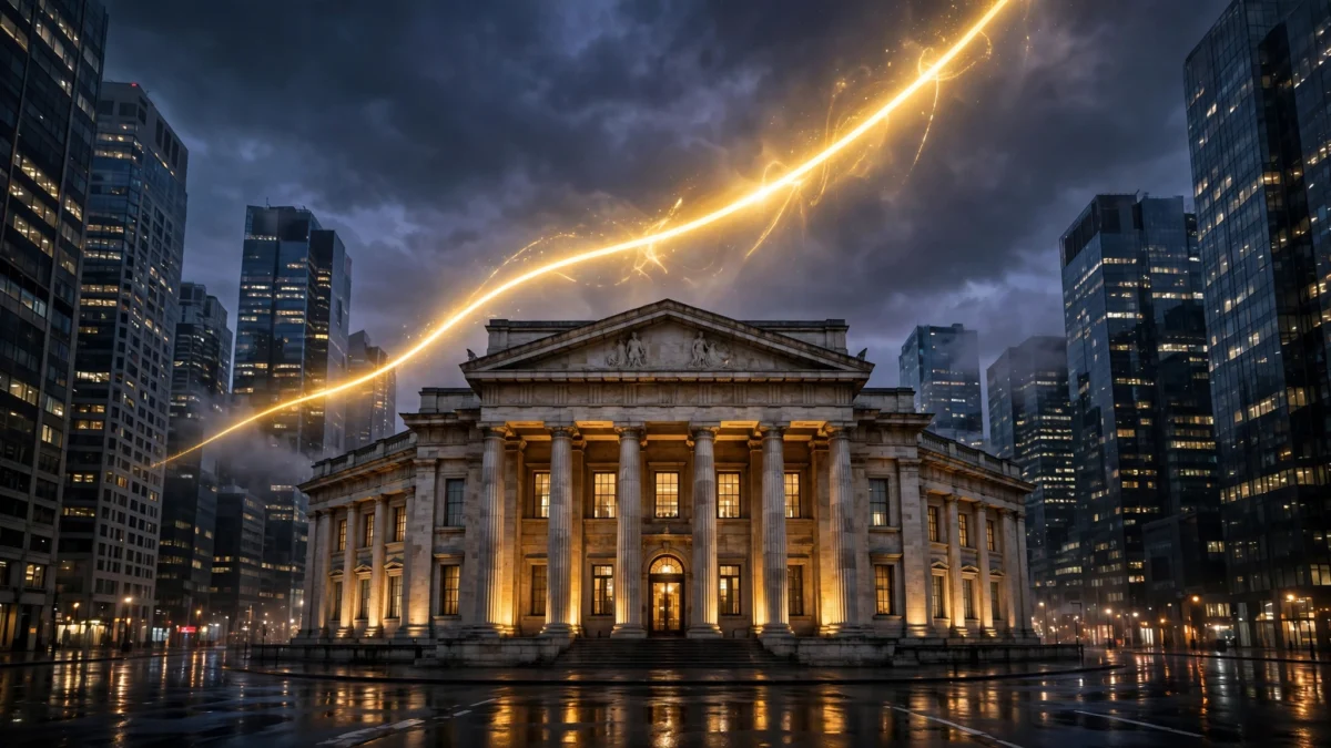 Grand neoclassical central bank building at dusk with a glowing golden rising line in the sky above it, symbolising climbing interest rates.