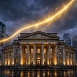 Grand neoclassical central bank building at dusk with a glowing golden rising line in the sky above it, symbolising climbing interest rates.
