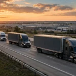 Semi-trucks and freight trailers on a North American highway at dusk, representing a major logistics acquisition