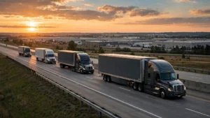 Semi-trucks and freight trailers on a North American highway at dusk, representing a major logistics acquisition
