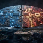 A cracked silicon wafer glowing blue on one side and red-gold on the other, floating above a dark world map — symbolising the fractured global AI chip market.