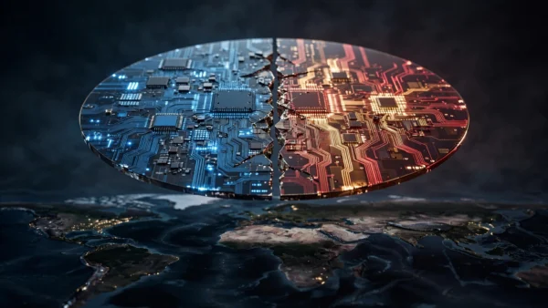 A cracked silicon wafer glowing blue on one side and red-gold on the other, floating above a dark world map — symbolising the fractured global AI chip market.