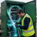 British fibre-broadband engineer splicing cables in a street cabinet
