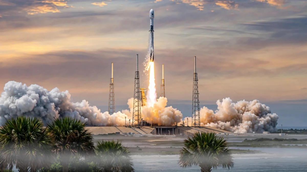 A SpaceX Falcon 9 rocket with a Dragon capsule lifts off from the Cape Canaveral launch pad at dawn, trailing flame and exhaust clouds over palm trees.
