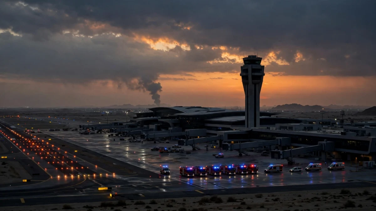 Modern Middle Eastern international airport at dusk with control tower, thin smoke column on the horizon and emergency vehicles on the tarmac