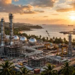 Aerial view of the planned Dangote East Africa Petroleum Refinery under construction on the tropical Lamu coast in Kenya, with distillation towers, a deep-water port and the Indian Ocean.