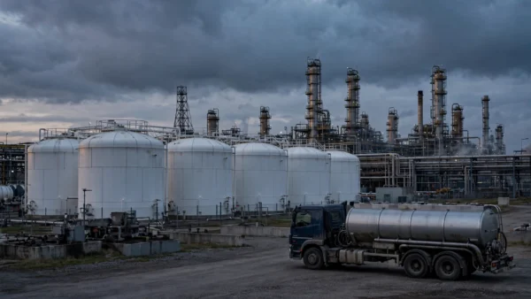 Row of large white diesel fuel storage tanks with a tanker truck at a fuel depot at dusk