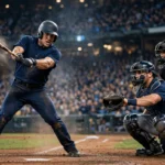 A batter swings at a pitch under the stadium floodlights during a night Major League Baseball playoff game, with the catcher and umpire behind home plate and a packed crowd beyond.