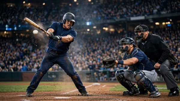 A batter swings at a pitch under the stadium floodlights during a night Major League Baseball playoff game, with the catcher and umpire behind home plate and a packed crowd beyond.