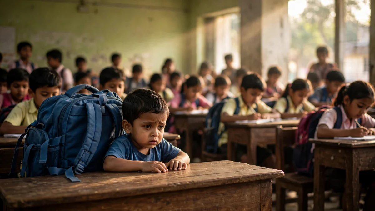 A tiny five-year-old Indian child dwarfed by an oversized school bag, sitting lost among bigger children in a crowded primary-school classroom