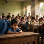 A tiny five-year-old Indian child dwarfed by an oversized school bag, sitting lost among bigger children in a crowded primary-school classroom