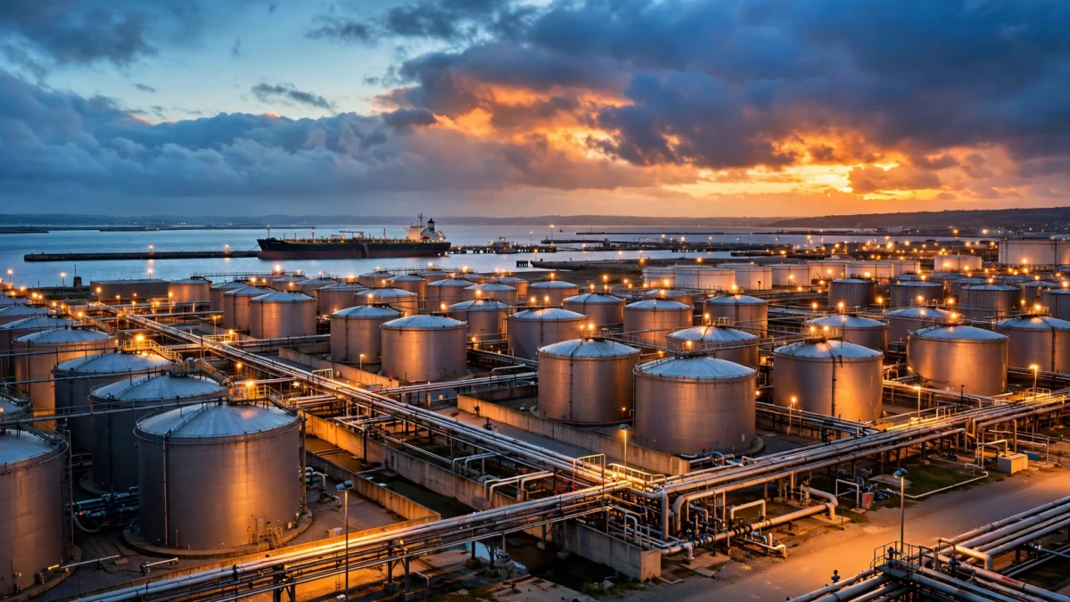 Fuel storage tanks and an oil tanker at a fuel terminal at dusk, illustrating Europe's discussion of diesel stock releases