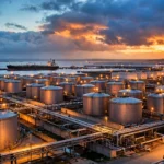Fuel storage tanks and an oil tanker at a fuel terminal at dusk, illustrating Europe's discussion of diesel stock releases