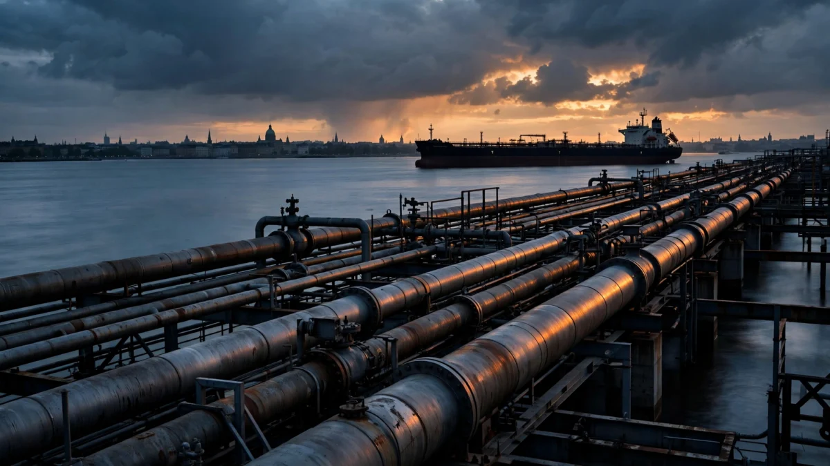 Industrial steel gas pipelines and an oil tanker at dusk with a distant European city skyline