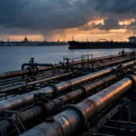 Industrial steel gas pipelines and an oil tanker at dusk with a distant European city skyline