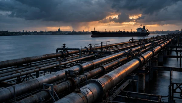 Industrial steel gas pipelines and an oil tanker at dusk with a distant European city skyline
