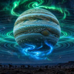 Artist's impression of the gas-giant exoplanet Beta Pictoris b glowing with auroras and radiating radio waves, with a radio telescope array on a desert plateau below.