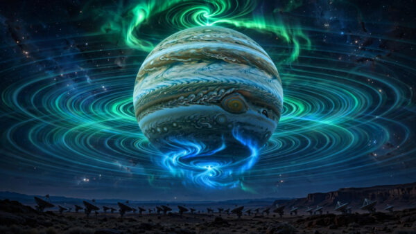Artist's impression of the gas-giant exoplanet Beta Pictoris b glowing with auroras and radiating radio waves, with a radio telescope array on a desert plateau below.